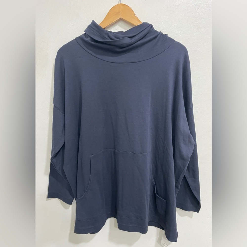 ESKANDAR Pima Cotton Jersey Monks Top with Pouch Pocket and Funnel Neck in Blue